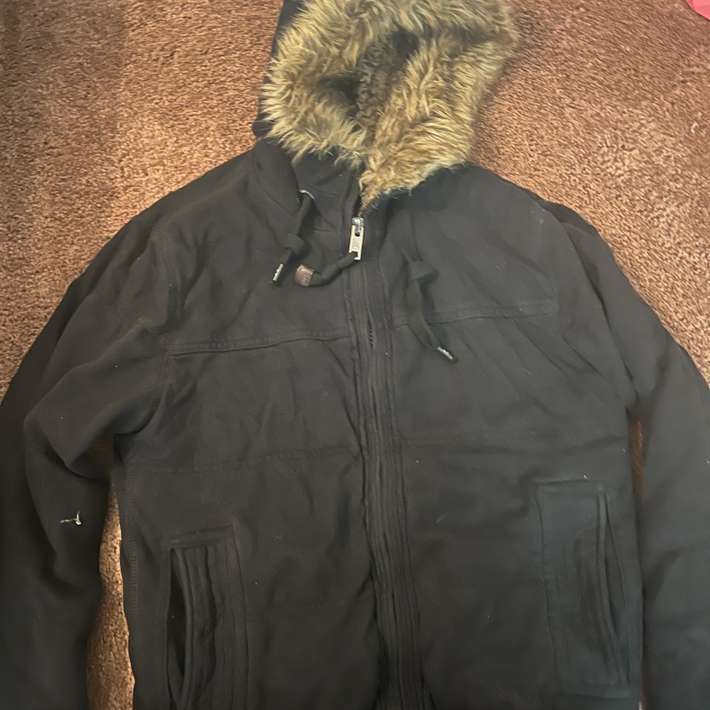 American Eagle Outfitters Black Puffer Jacket with Faux Fur Hood